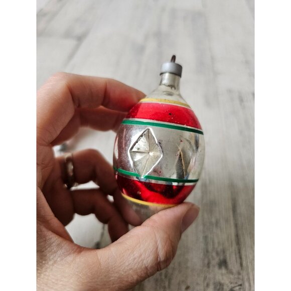 Antique diamond indent teardrop red striped green mercury glass ornament Xmas se - Picture 10 of 14